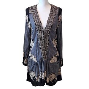 Free People Boho Mixed Print Floral V-Neck Mini Dress Black Cream Vintage XS